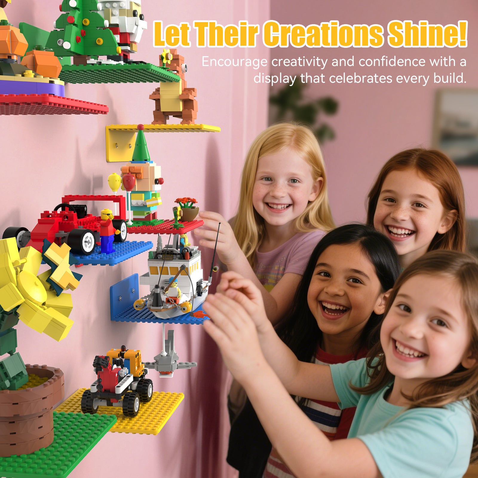 BlissBox Floating Shelves for Wall Compatible with Lego Building Bricks, Multicolor